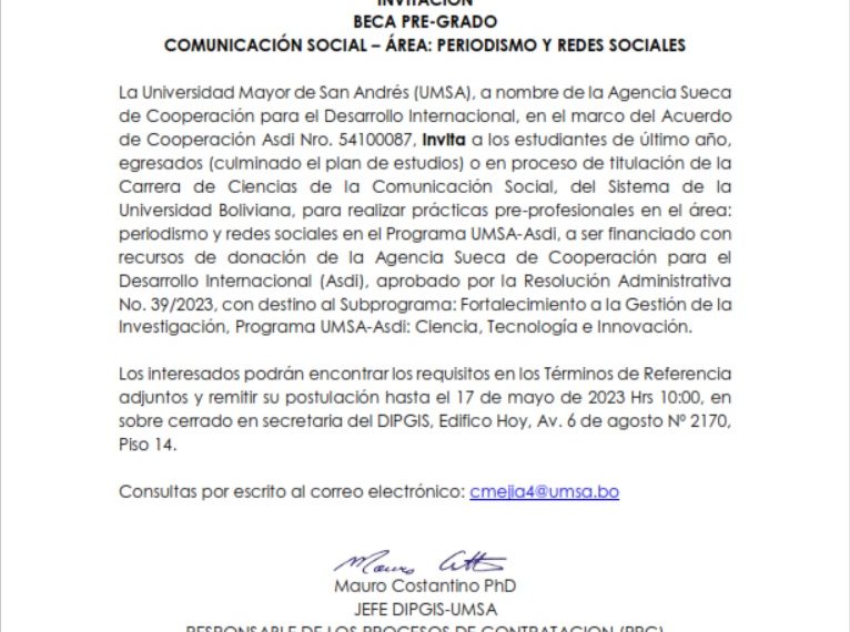 INVITACIÓN BECA PRE-GRADO COMUNICACIÓN SOCIAL – AREA PERIODISMO Y REDES SOCIALES