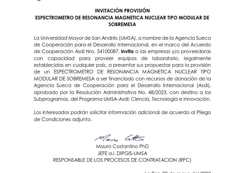 INVITACIÓN PROVISIÓN ESPECTRÓMETRO DE RESONANCIA MAGNÉTICA NUCLEAR TIPO MODULAR DE SOBREMESA