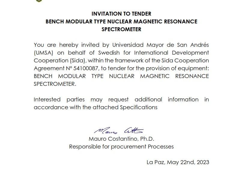 INVITATION TO TENDER. BENCH MODULAR TYPE NUCLEAR MAGNETIC RESONANCE SPECTROMETER