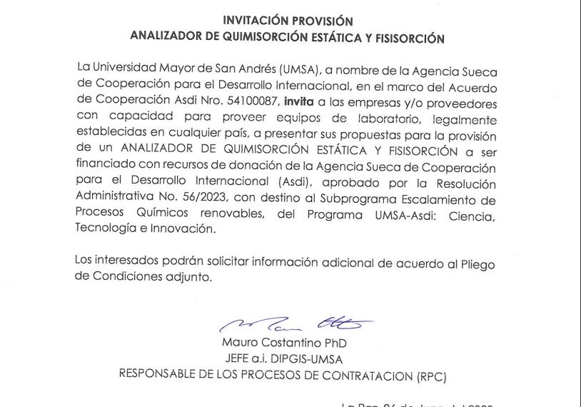 INVITACIÓN PROVISIÓN ANALIZADOR DE QUIMISORCIÓN ESTÁTICA Y FISISORCIÓN