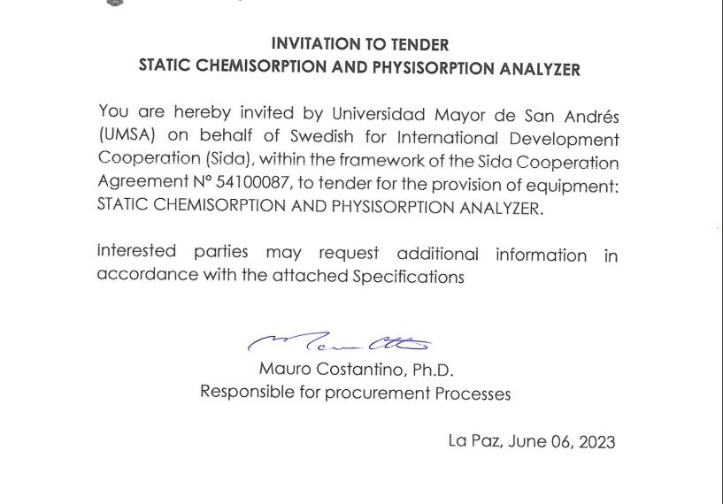 INVITATION TO TENDER STATIC CHEMISORPTION AND PHYSISORPTION ANALIZER