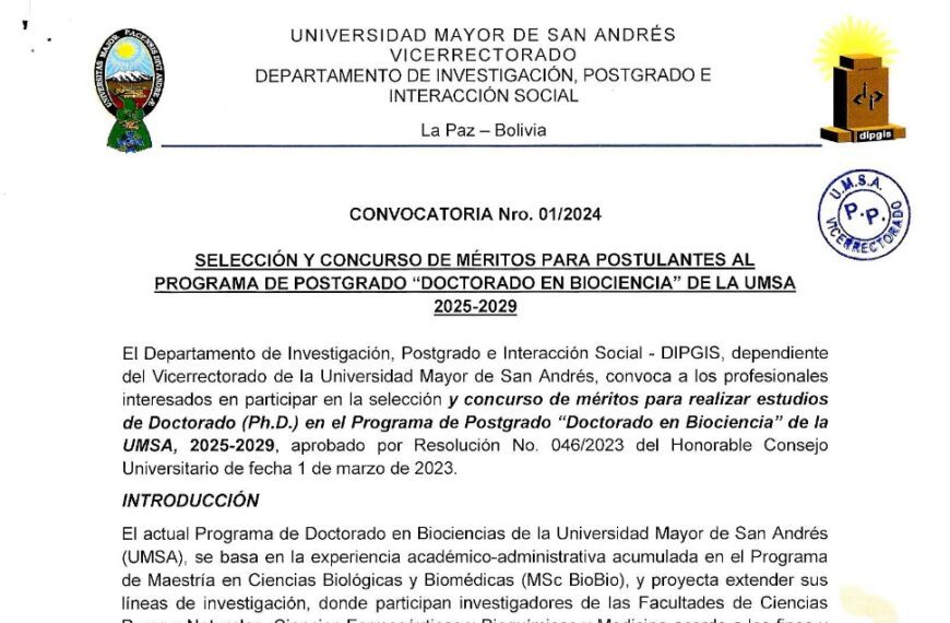 CONVOCATORIA A POSTULANTES AL PROGRAMA DE DOCTORADO EN BIOCIENCIAS EN LA UMSA