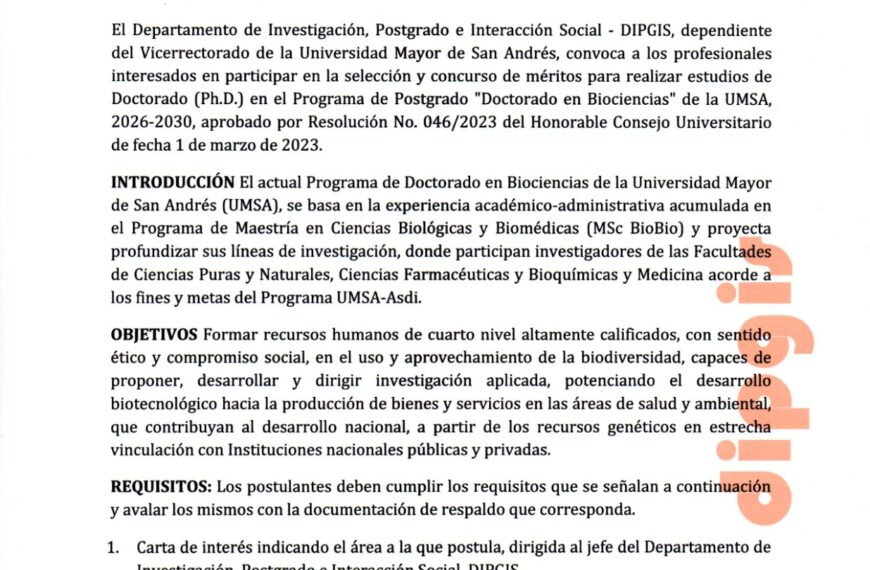 TERCERA CONVOCATORIA. SELECCIÓN Y CONCURSO DE MÉRITOS PARA POSTULANTES AL PROGRAMA DE POSTGRADO «DOCTORANDO EN BIOCIENCIA» 2026 – 2030