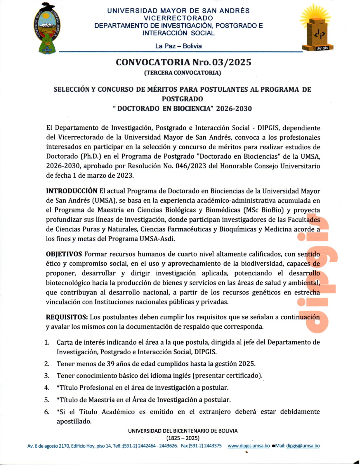 Lee más sobre el artículo TERCERA CONVOCATORIA. SELECCIÓN Y CONCURSO DE MÉRITOS PARA POSTULANTES AL PROGRAMA DE POSTGRADO «DOCTORANDO EN BIOCIENCIA» 2026 – 2030