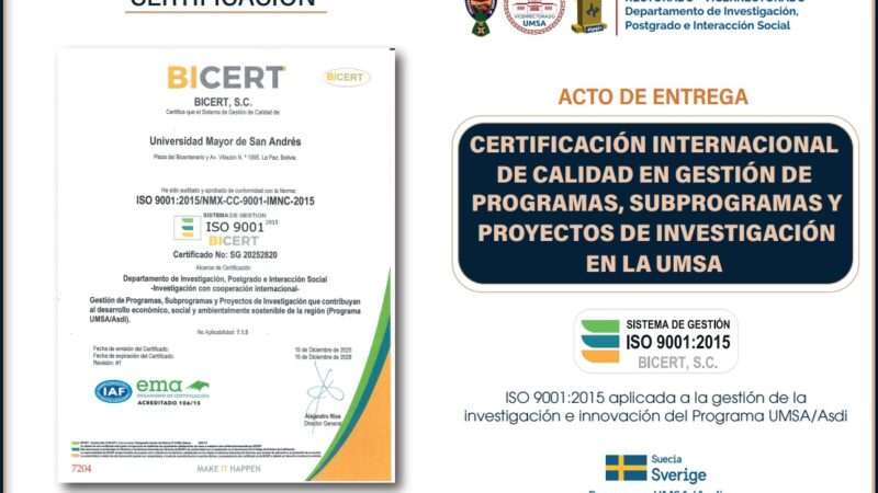 CERTIFICACIÓN INTERNACIONAL DE CALIDAD EN GESTIÓN DE PROGRAMAS, SUBPROGRAMAS Y PROYECTOS DE INVESTIGACIÓN EN LA UMSA