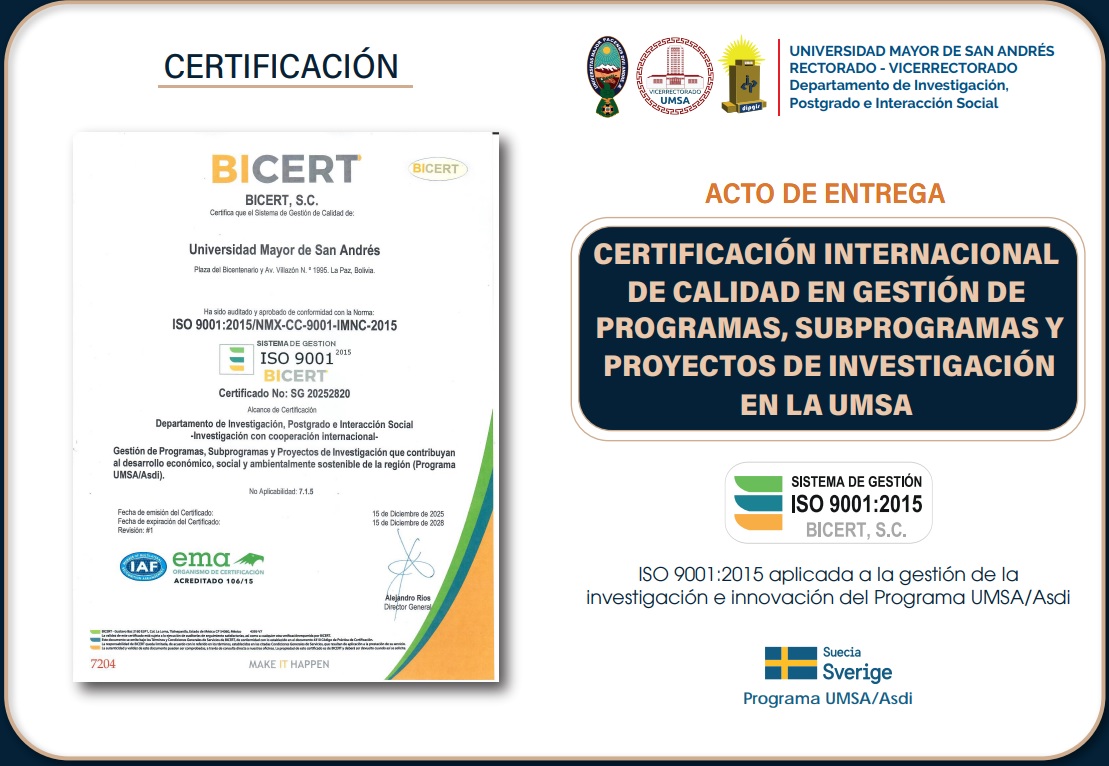 CERTIFICACIÓN INTERNACIONAL DE CALIDAD EN GESTIÓN DE PROGRAMAS, SUBPROGRAMAS Y PROYECTOS DE INVESTIGACIÓN EN LA UMSA