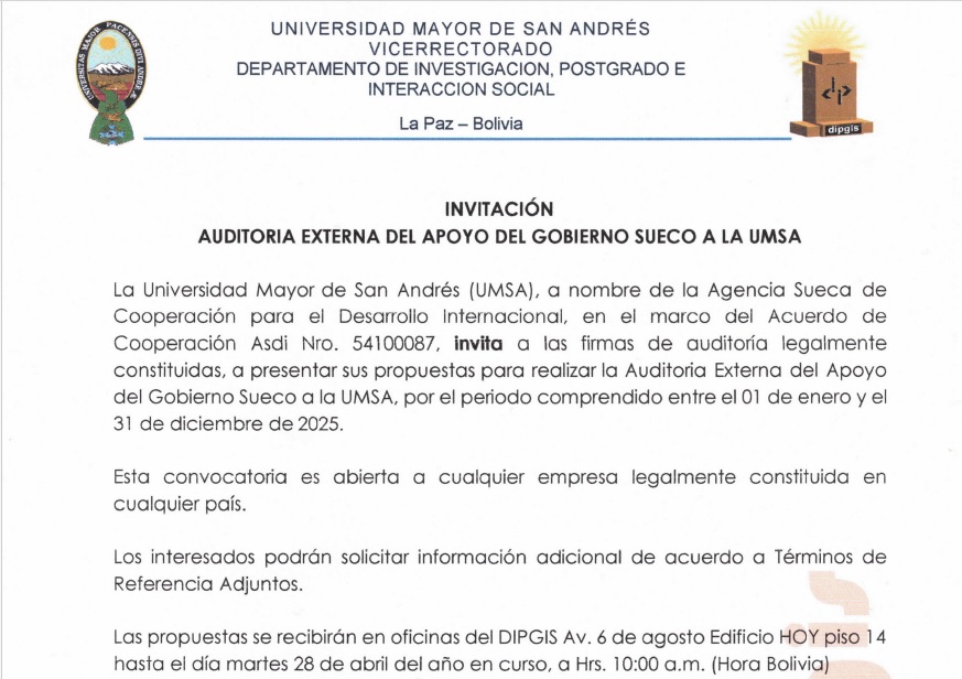 INVITACIÓN AUDITORÍA EXTERNA DEL APOYO DEL GOBIERNO SUECO A LA UMSA